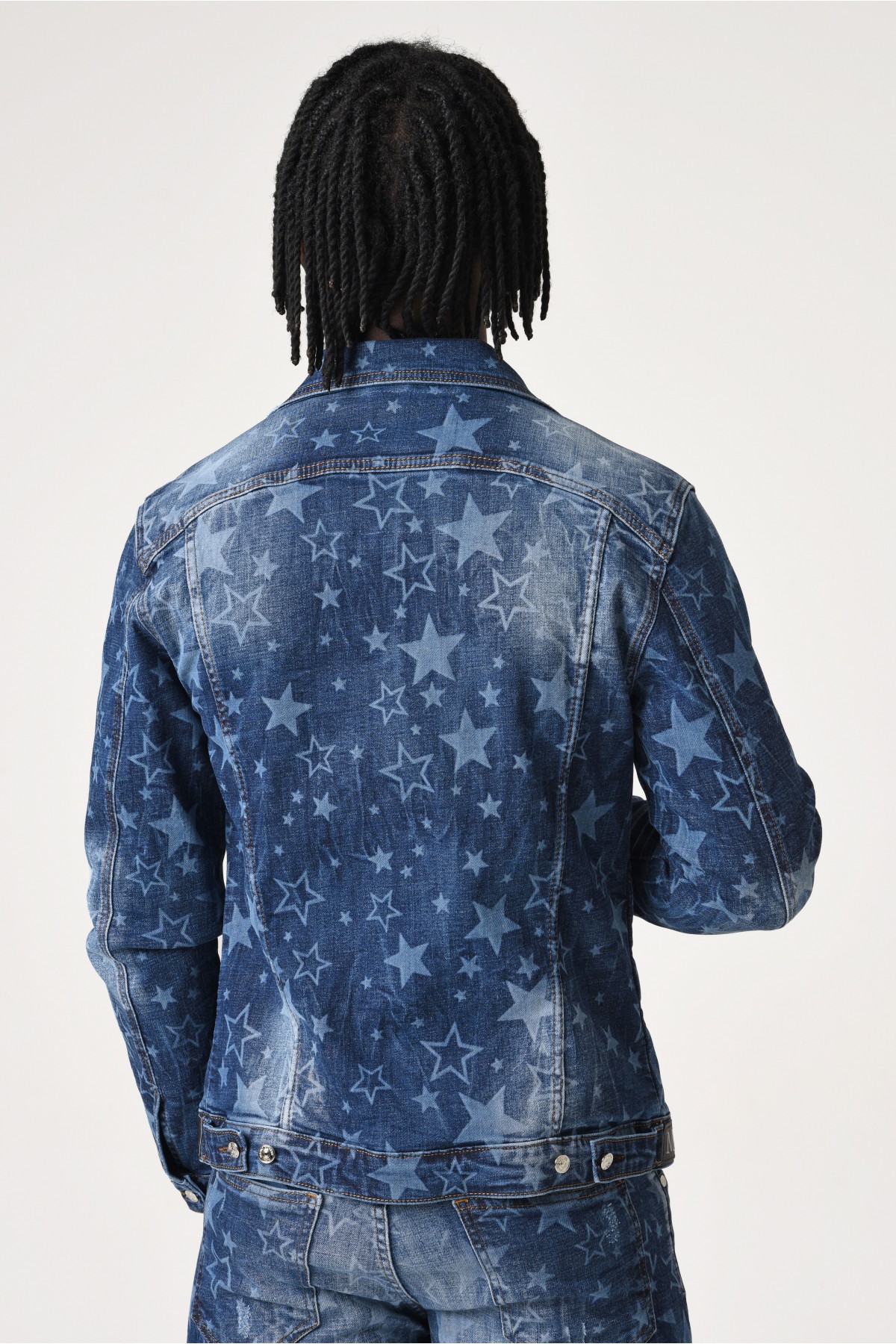 Erkek Denim Ceket - Lazer yıldız baskılı - Koyu Mavi