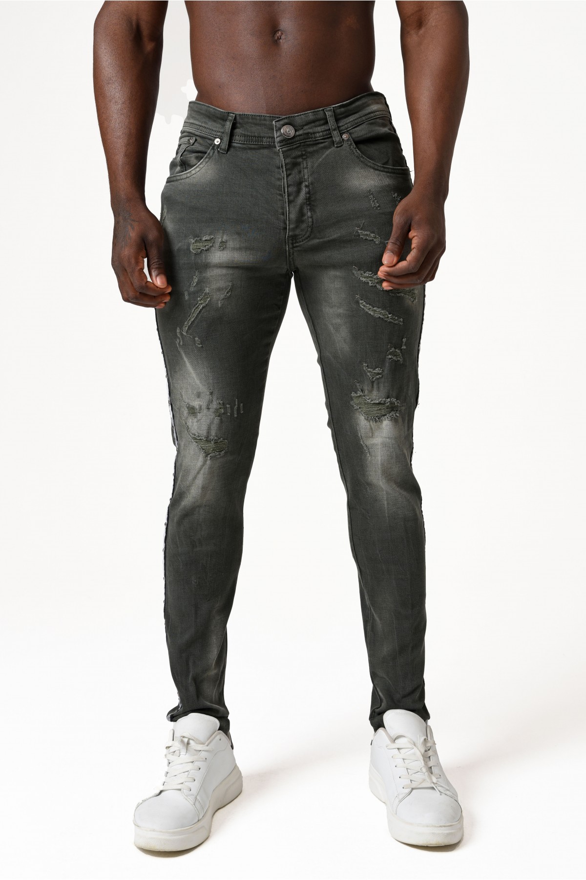 Erkek Denim Pantolon - Erkek Jeans Yan Şeritli - Koyu Yeşil