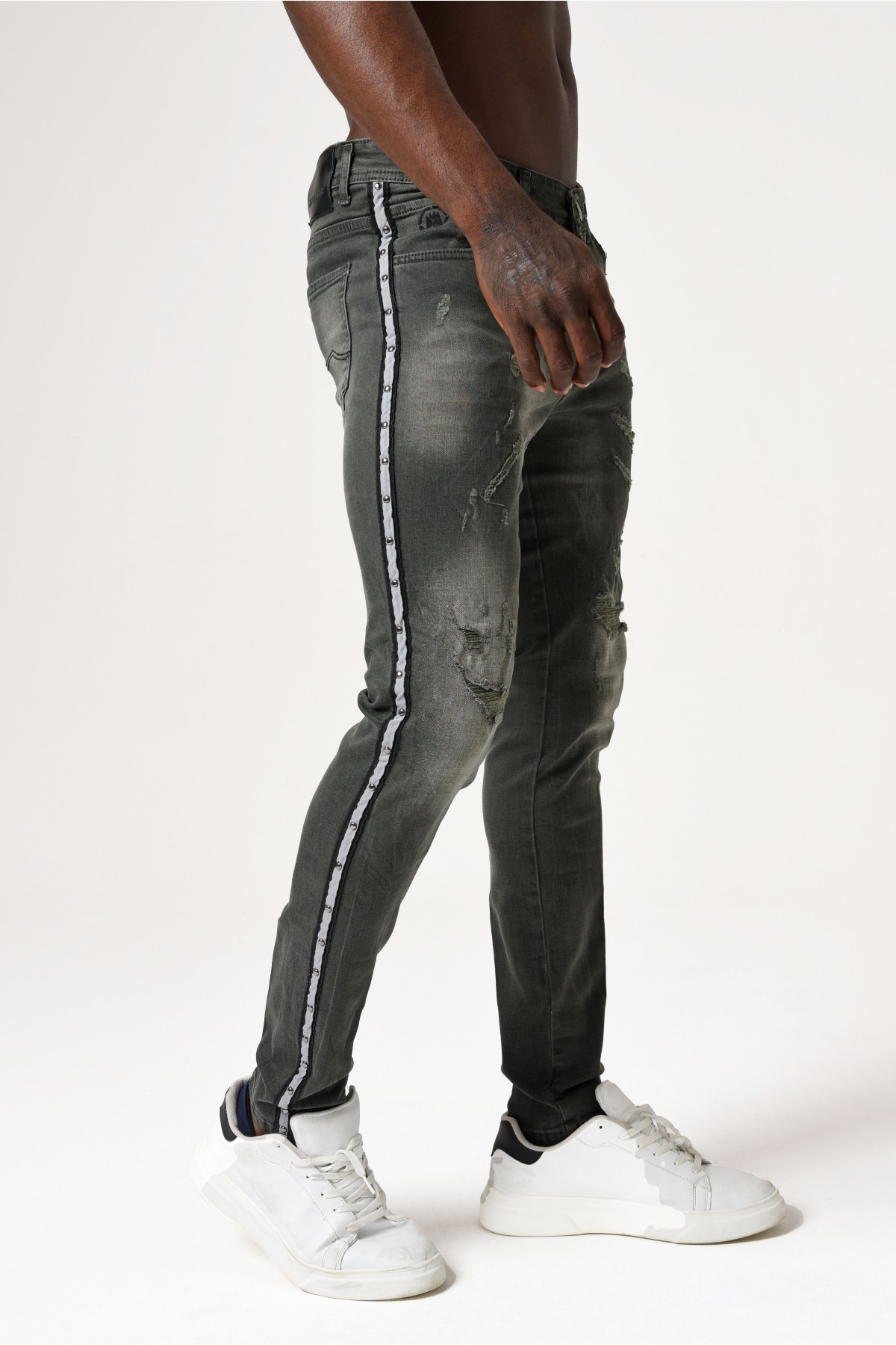 Erkek Denim Pantolon - Erkek Jeans Yan Şeritli - Koyu Yeşil