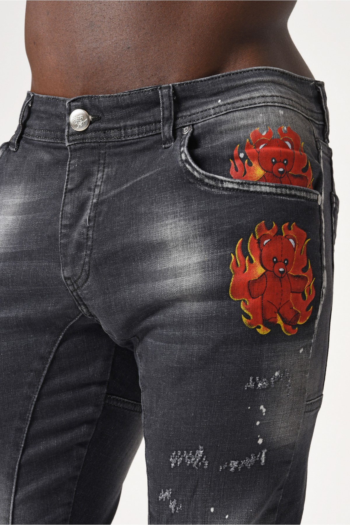 Erkek Denim Pantolon - Erkek Jeans Ateş baskılı -  Koyu Gri