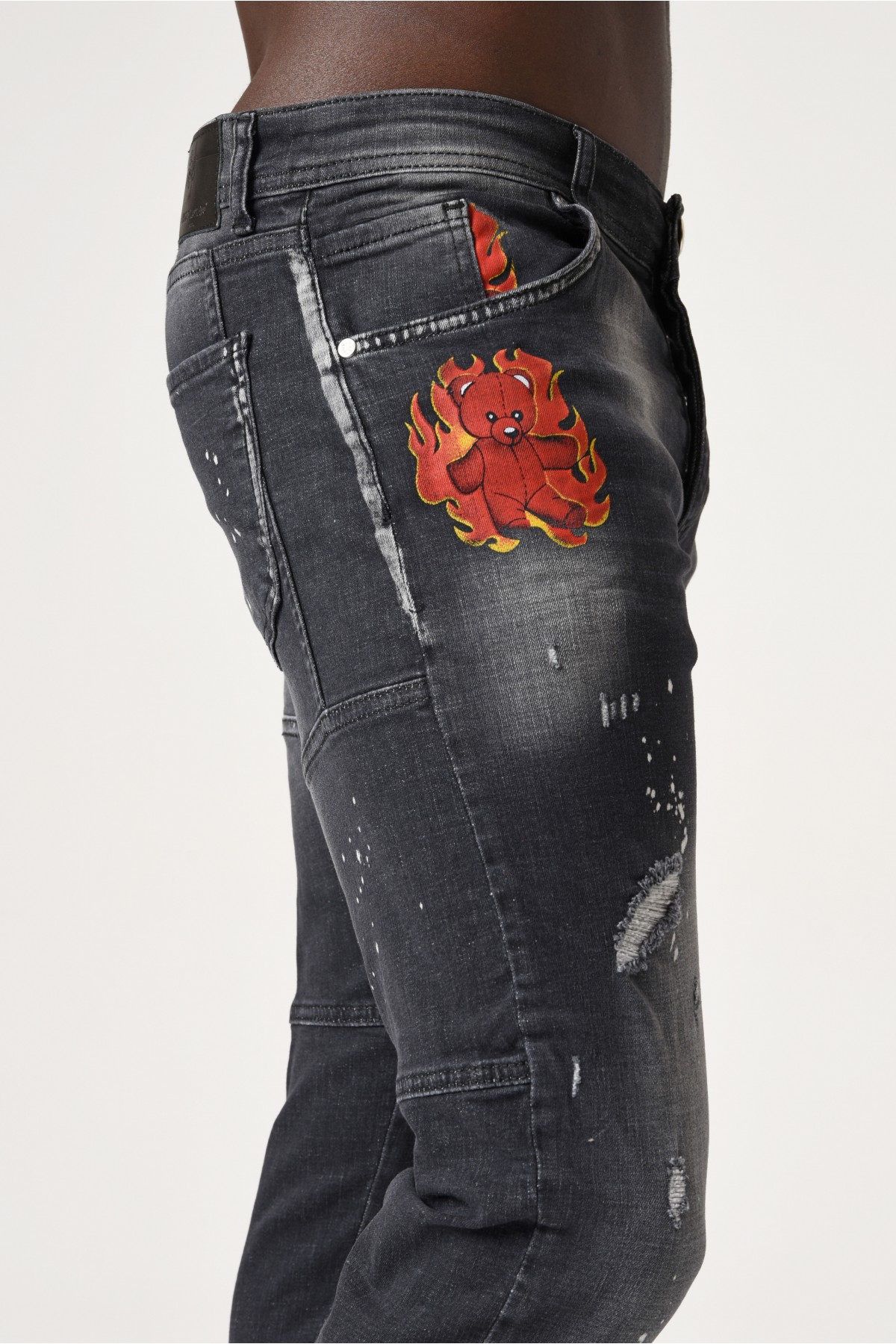 Erkek Denim Pantolon - Erkek Jeans Ateş baskılı -  Koyu Gri