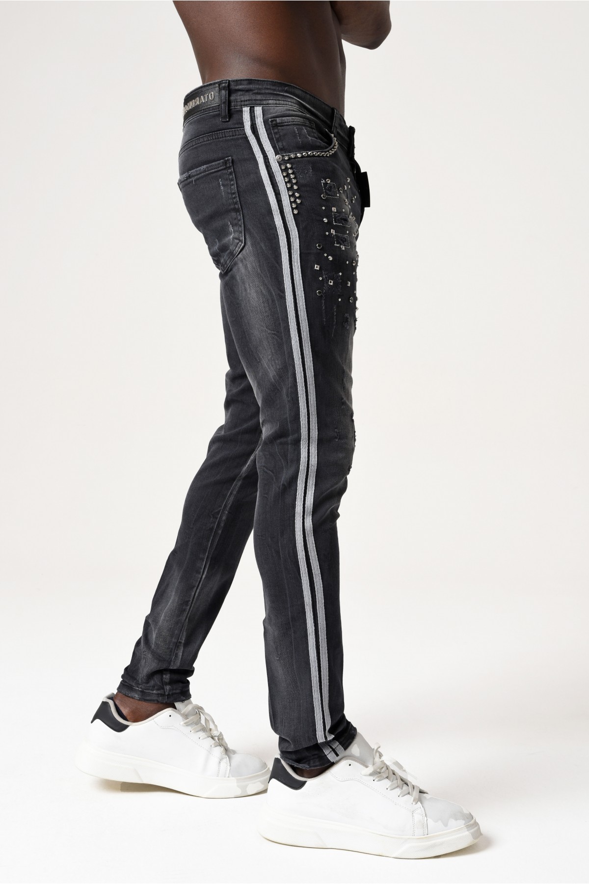 Erkek Denim Pantolon - Taş detaylı kesik parçalı - Koyu Gri