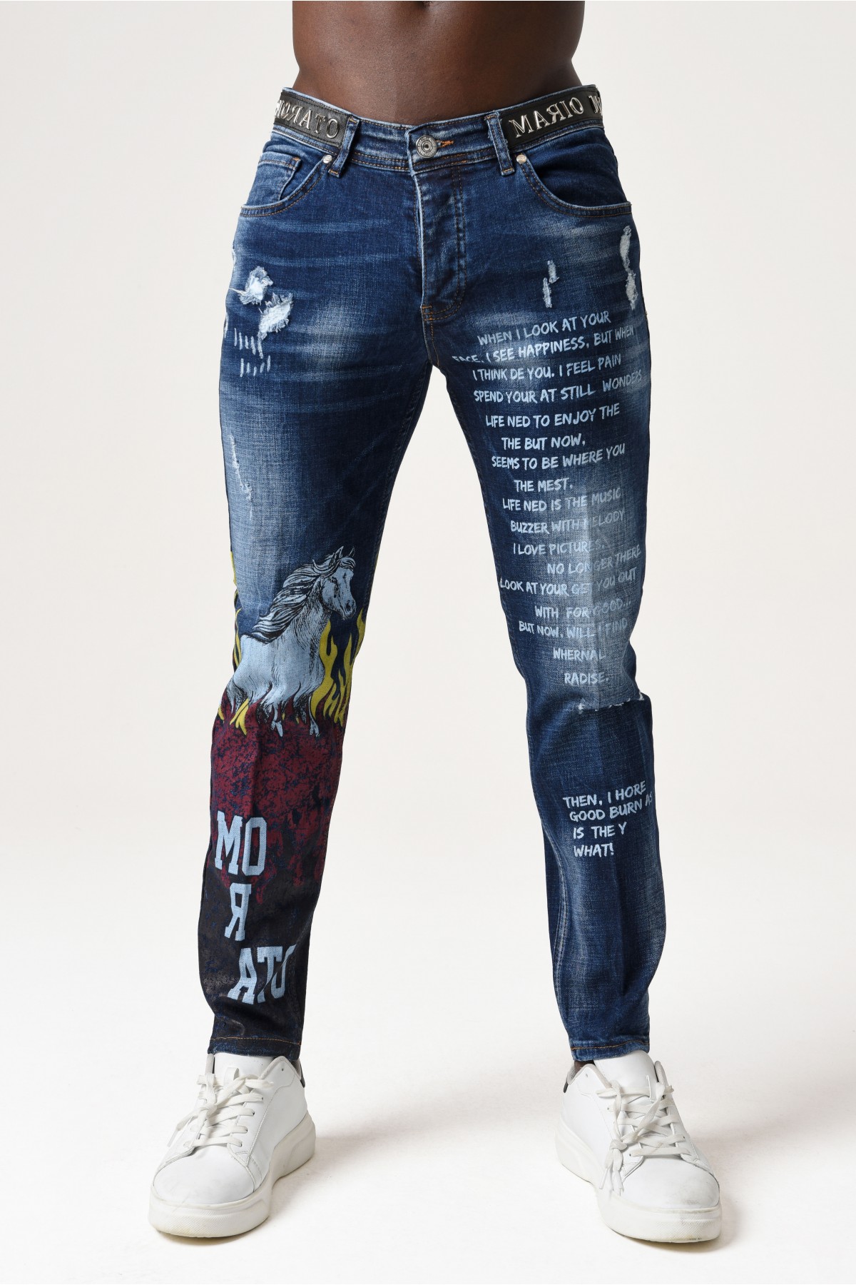 Erkek Denim Pantolon - At desenli Uzun yazılı - Mavi