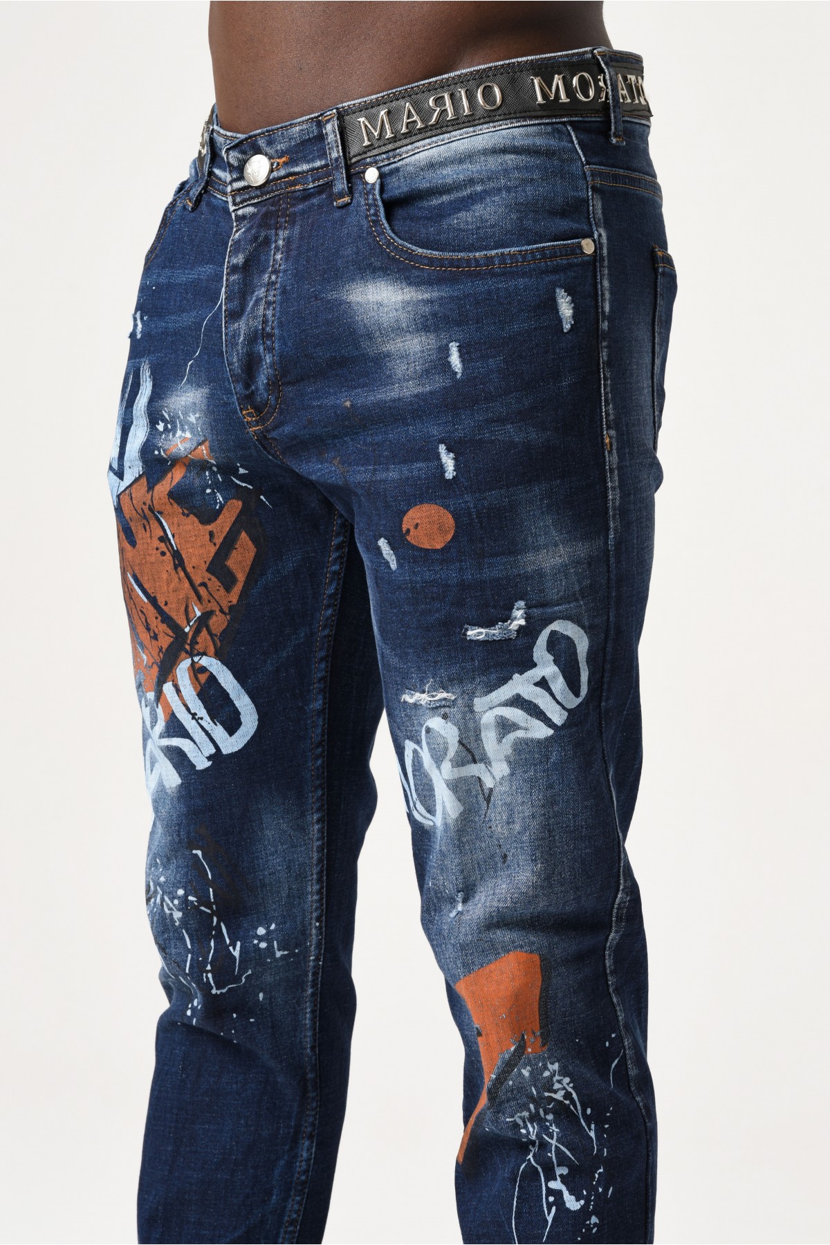 Erkek Denim Pantolon - Yazı Baskılı Düz Pantolon - Koyu Mavi