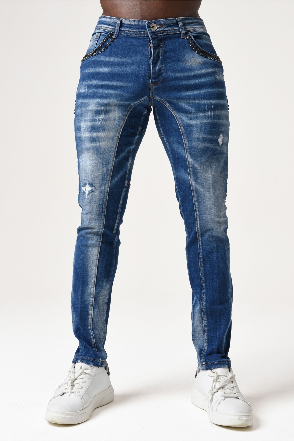 Erkek Denim Pantolon - Parçalı Taşlı - Açık Mavi