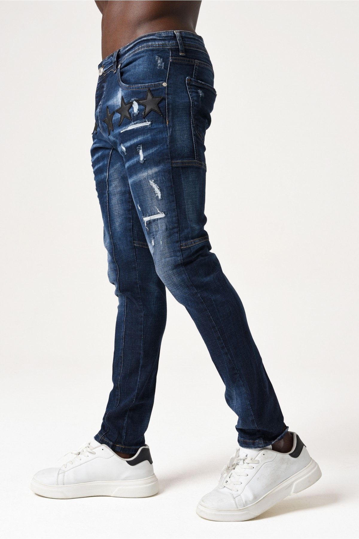Erkek Denim Pantolon - Altılı Siyah Yıldız  - Orta Mavi