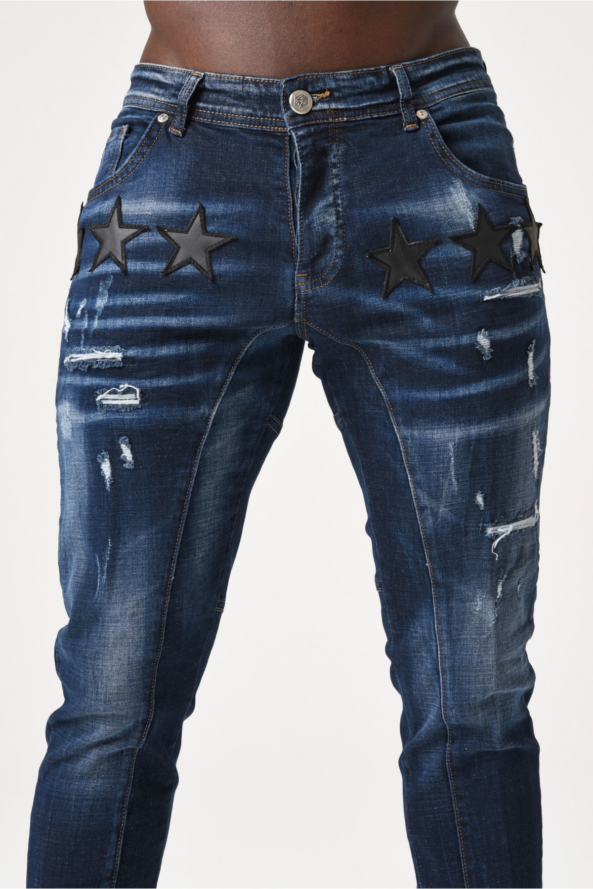 Erkek Denim Pantolon - Altılı Siyah Yıldız  - Orta Mavi