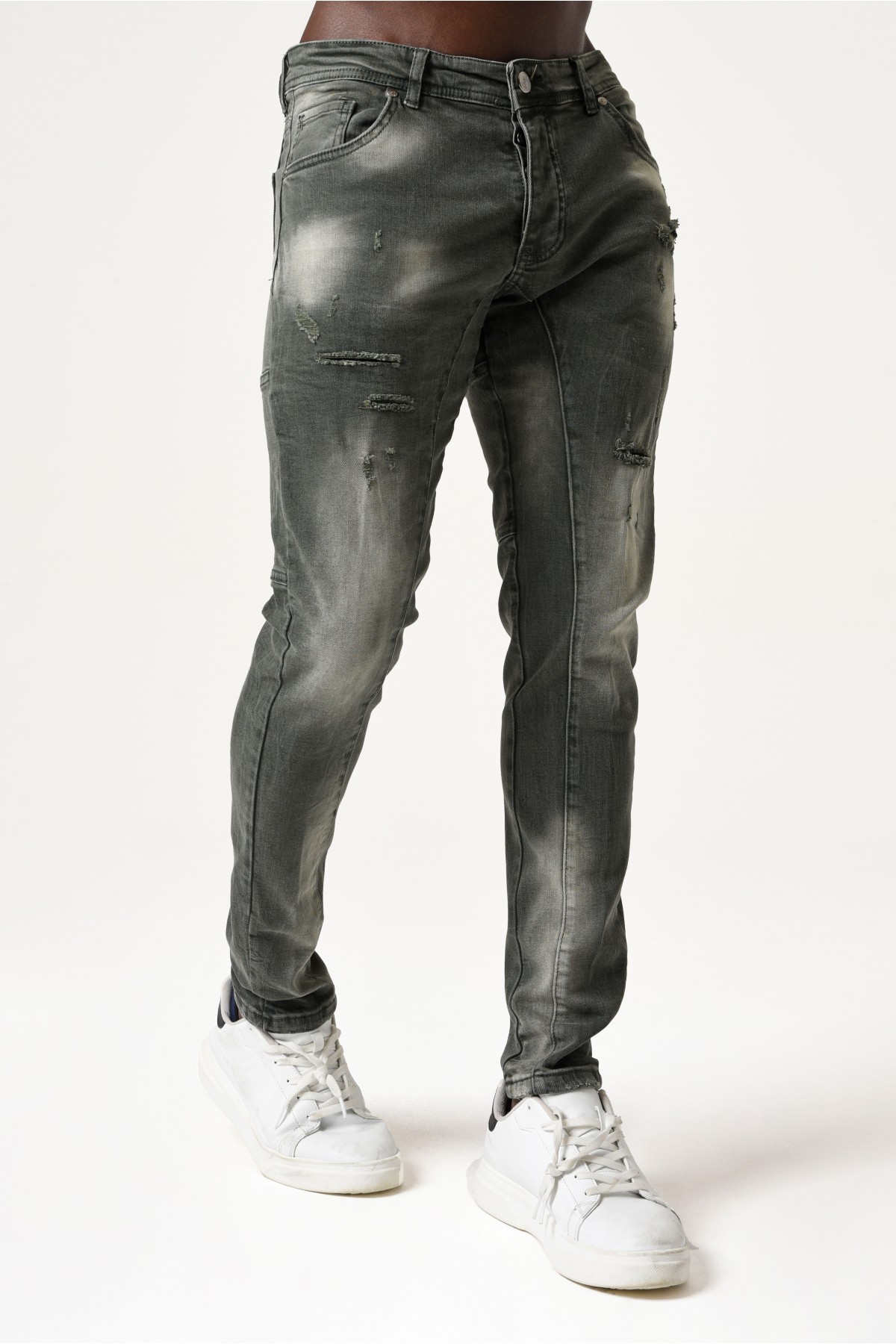 Erkek Denim Pantolon - Parçalı Yırtıklı Model - Koyu Yeşil