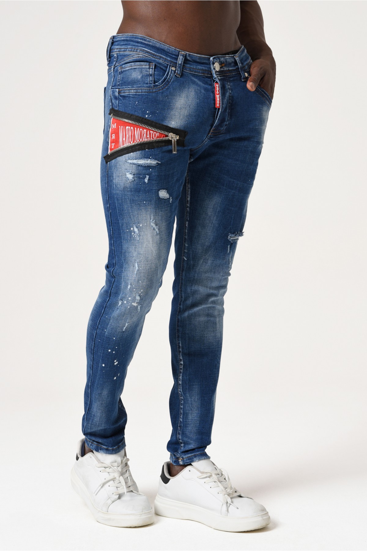Erkek Denim Pantolon - Üçgen Fermuar Detaylı - Orta Mavi