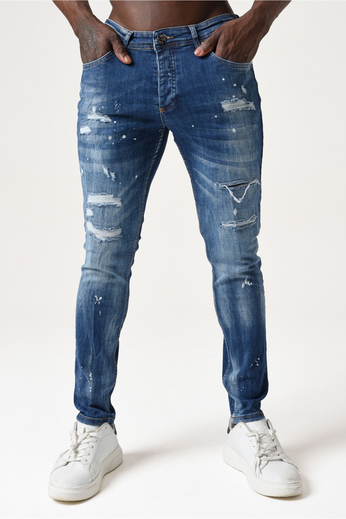 Erkek Denim Pantolon - Bel kısmı Beyaz etiketli yırtık detaylı - orta Mavi