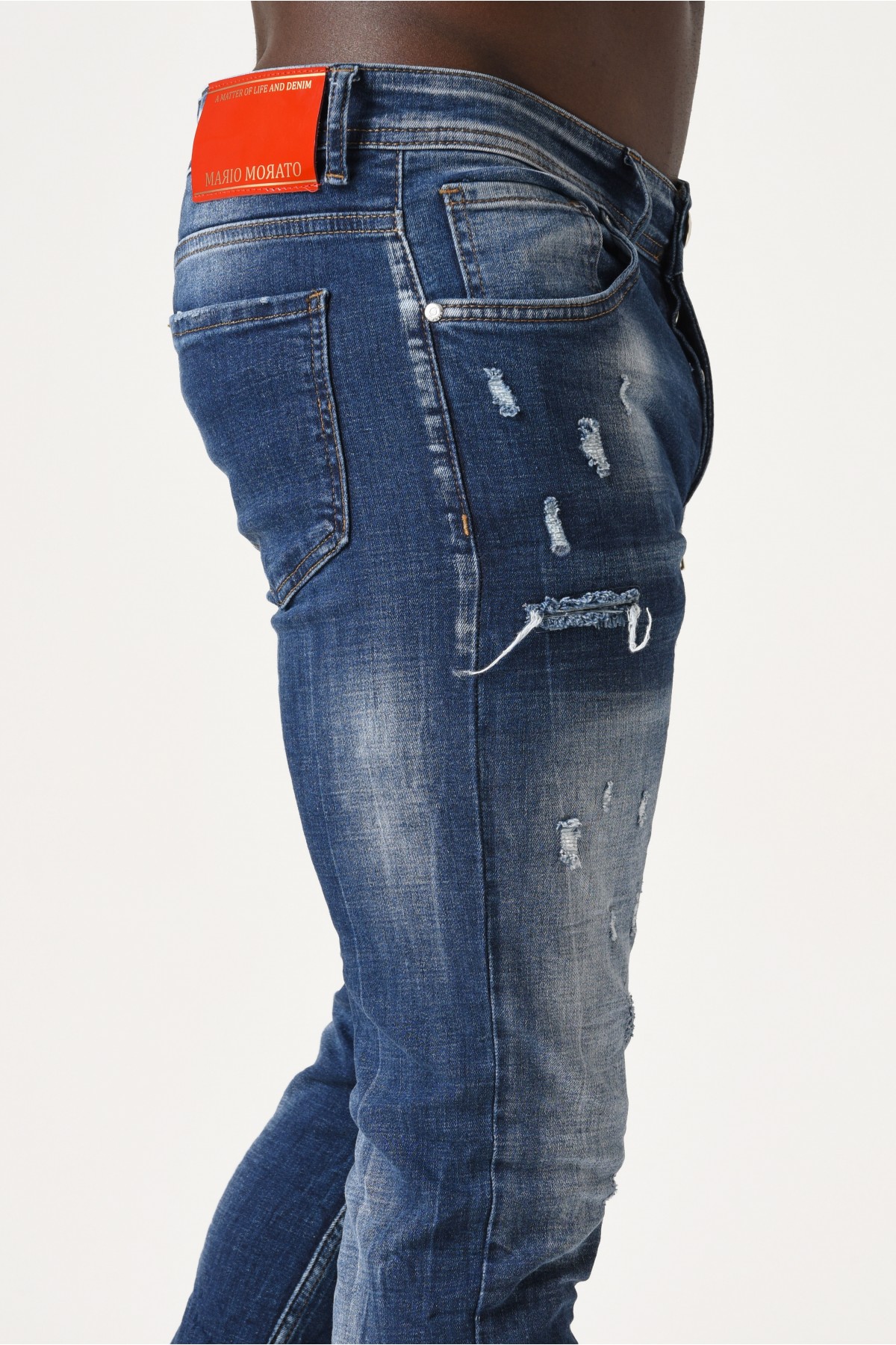 Erkek Denim Pantolon - Çift fermuarlı kesik detaylı -  Orta Mavi