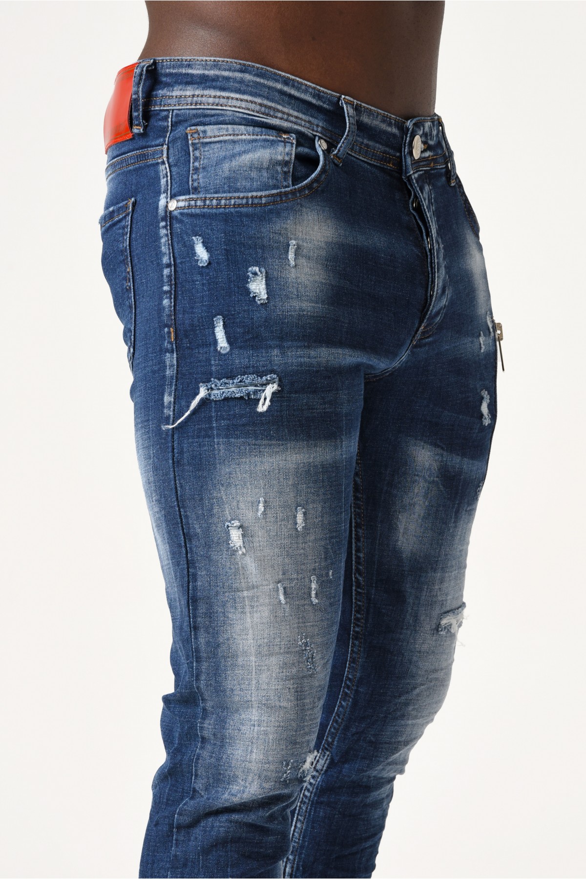 Erkek Denim Pantolon - Çift fermuarlı kesik detaylı -  Orta Mavi