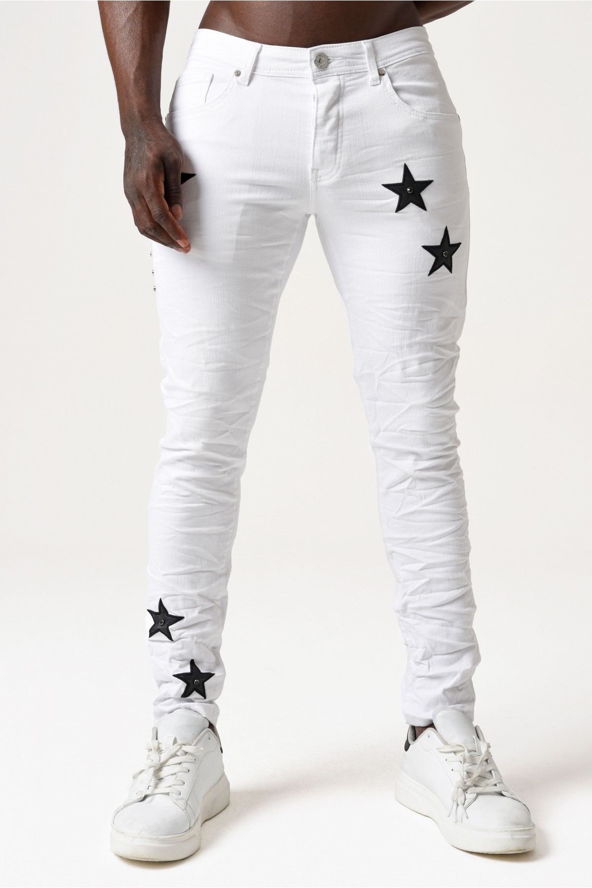 Erkek Denim Pantolon - Siyah Yıldızlı - Beyaz