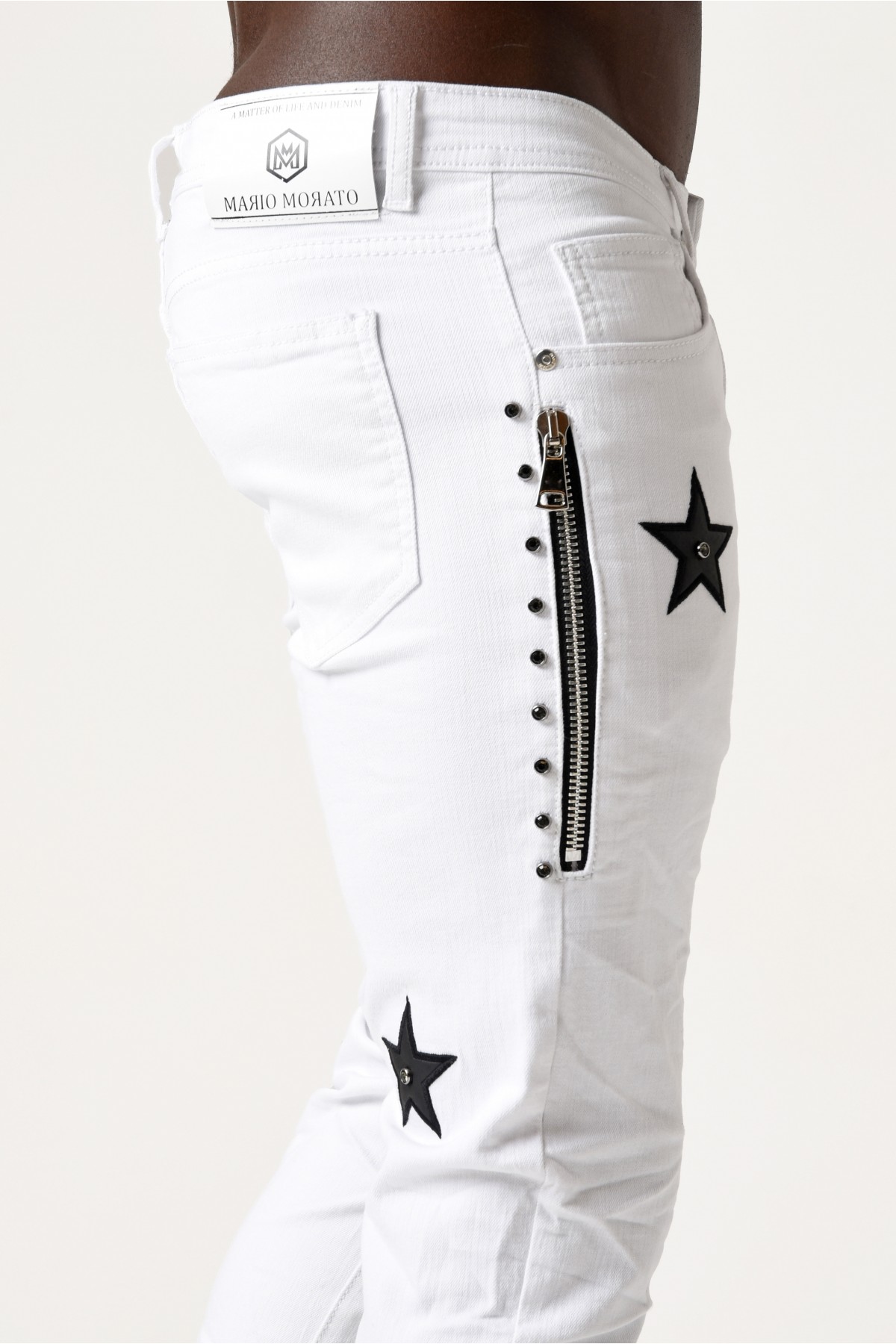 Erkek Denim Pantolon - Siyah Yıldızlı - Beyaz