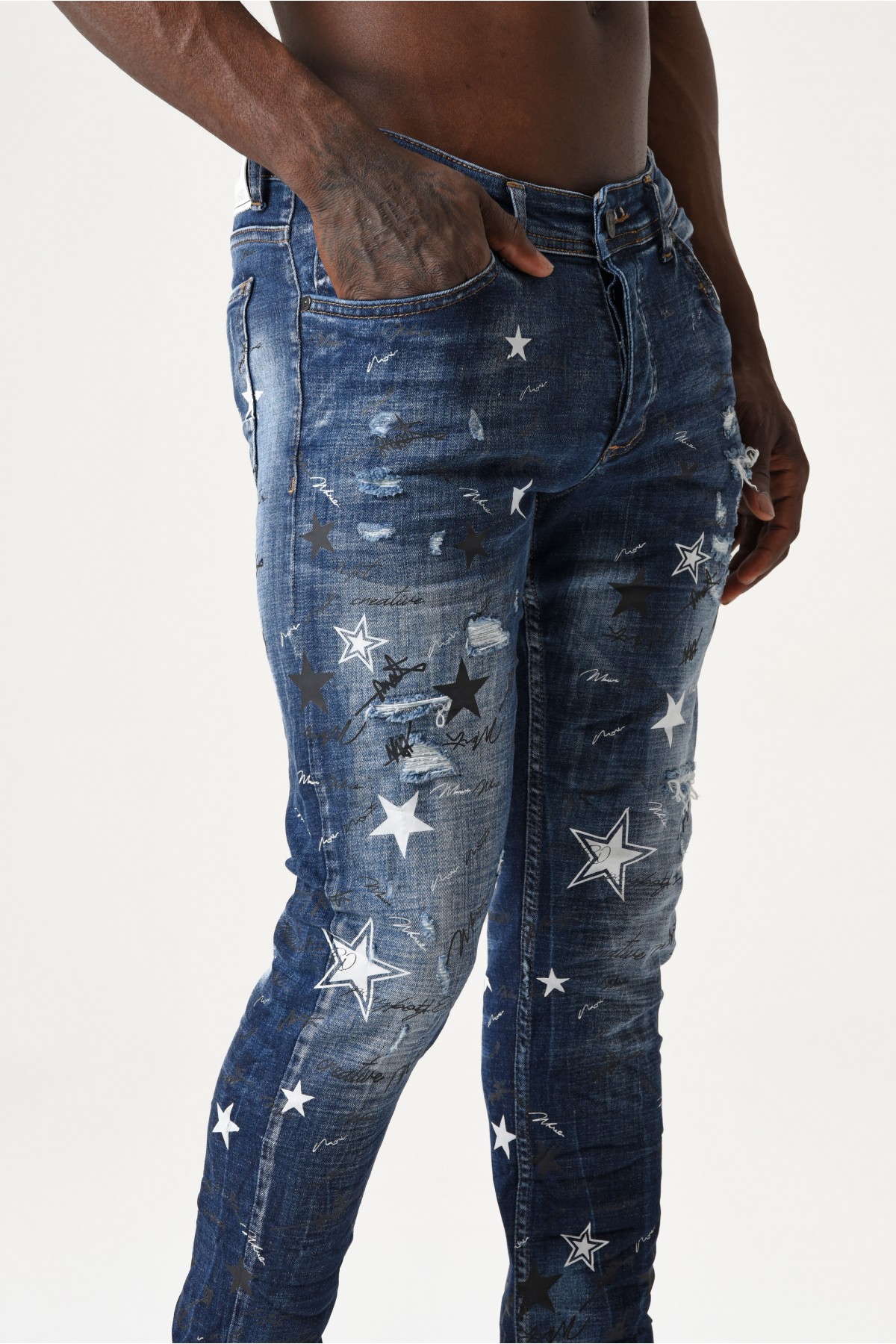 Erkek Denim Pantolon - Yıldız Baskı desenli -  Koyu Mavi